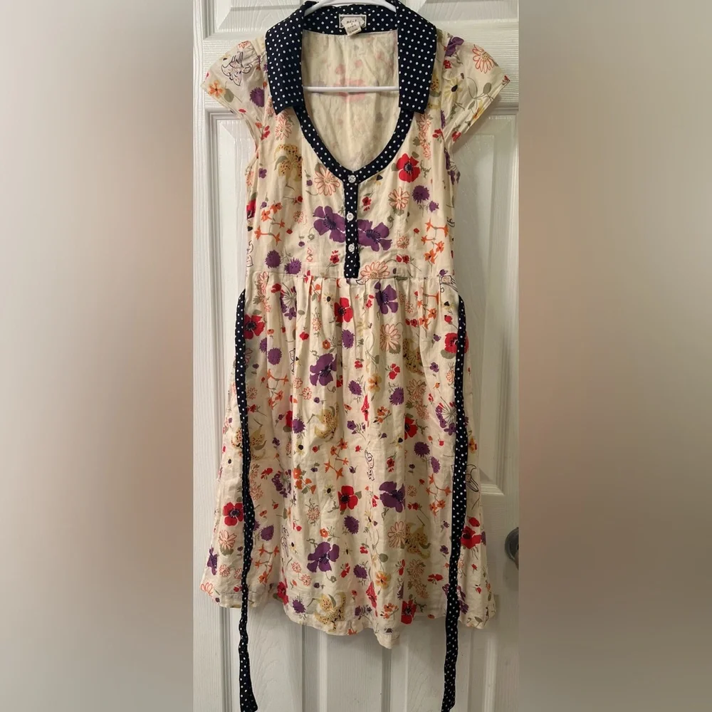 Anthropologie Cream Floral Midi Dress with Black Trim - Picture 1 of 16